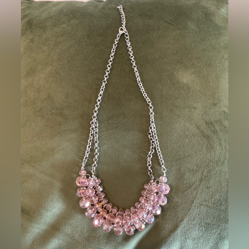 Pink and Silver Tone Beaded Cluster Necklace Fancy Sparkly Fairycore Nymph